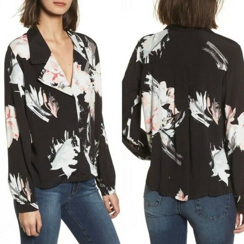Leith Blouse Top Small Black Floral Pink Button Down Office Career Work Business